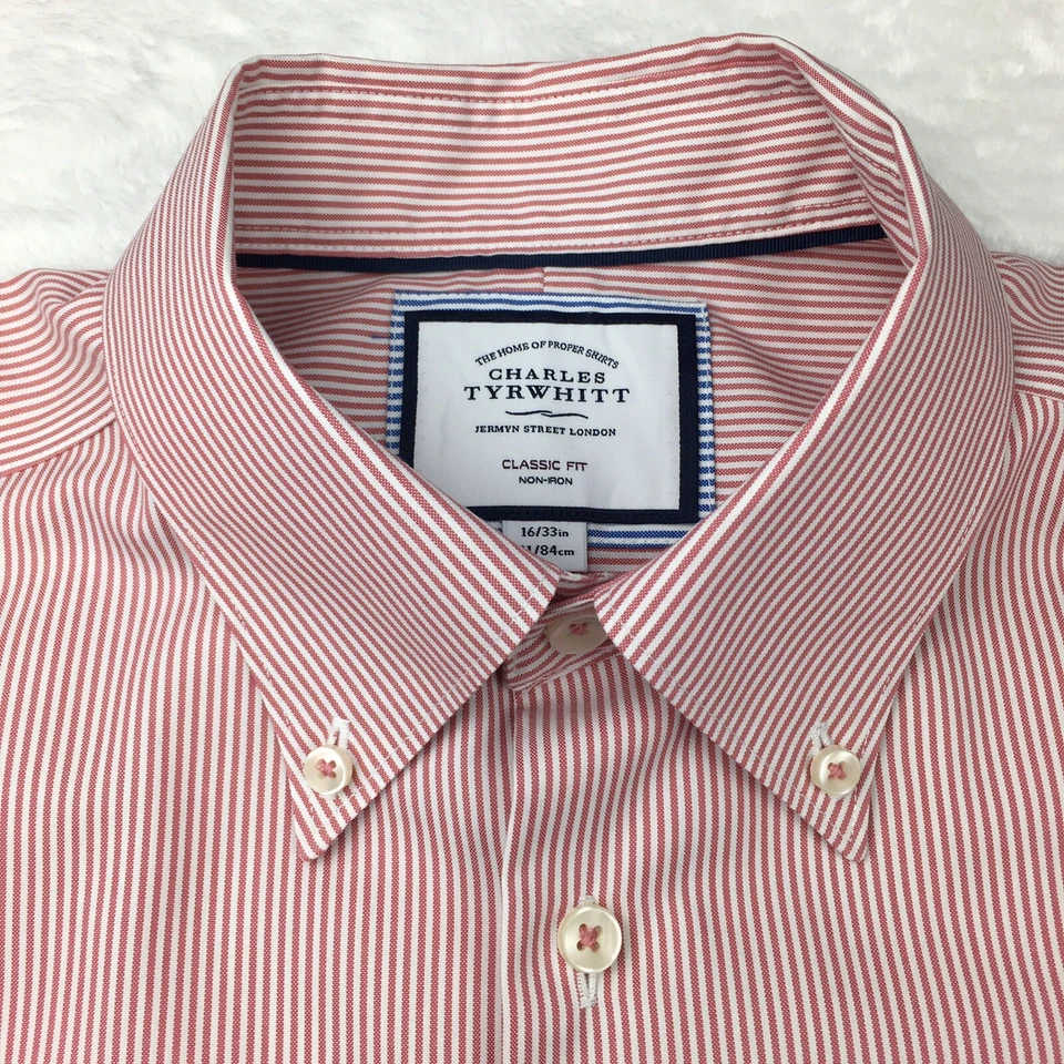 Camisa de vestir Charles Tyrwhitt para hombre 16-33 rayas rojas/blancas calce clásico sin planchar Foto 3 de 4