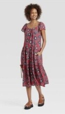 New Knox Rose - Rebel Red Short Flutter Sleeve Midi Sundress Lined Floral Sz XS