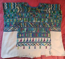 Vintage Guatemalan Huipil Handwoven Embroidered Birds Blue Green Wedding Used