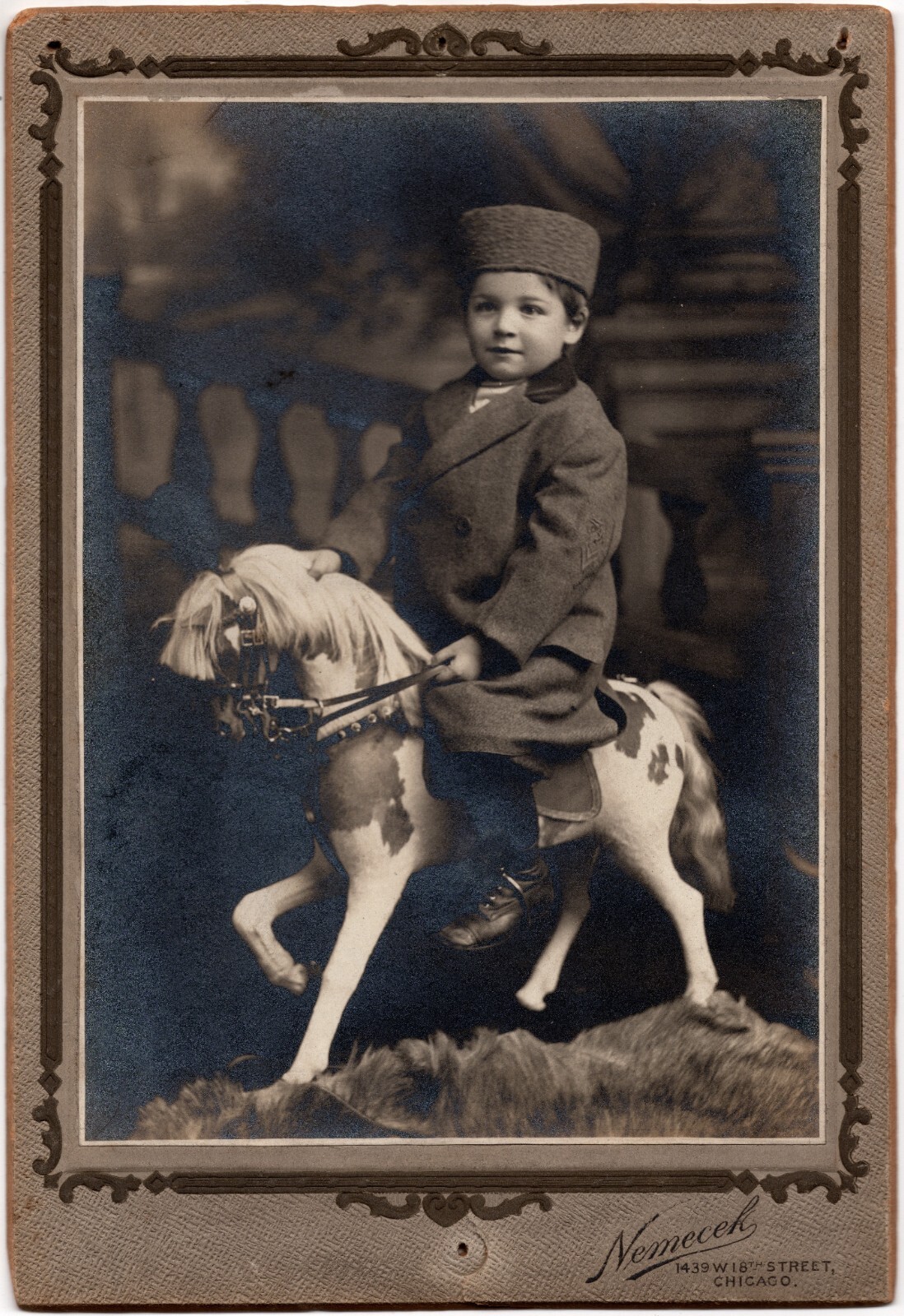CIRCA 1890s CABINET CARD NEMECK BOY RIDING PONY GHOST-PRINT CHICAGO ILLINOIS