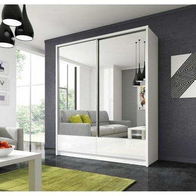Wardrobe Mirror 2 Sliding Doors 2 High Gloss Drawers Bedroom