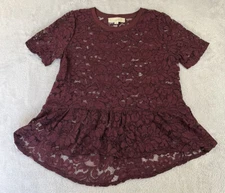 Loft womens short sleeve see through floral burgundy top size small