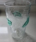Vintage Blenko Clear Crackle Glass Vase Applied Green Leaves w/Orig Price Label