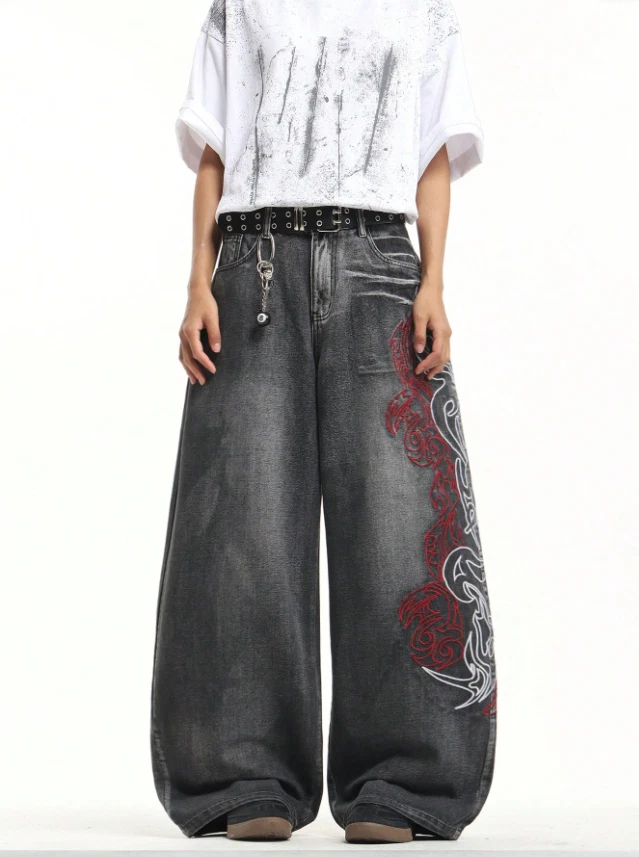 🔥 EXTREME Baggy Wide Leg Jeans Grau - Y2K Streetwear Jeans Hose mit Rot - Bild 3 von 4