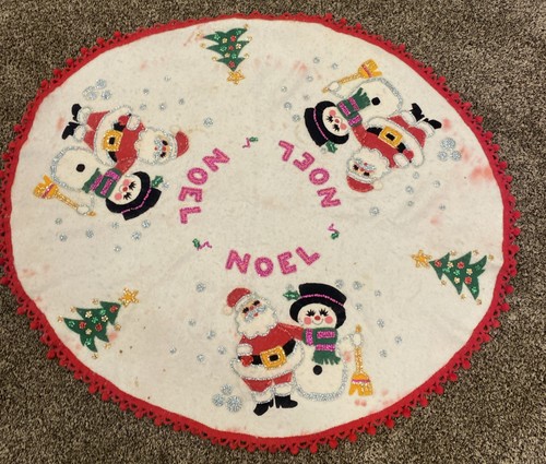 Vintage ChristmasBucilla Felt Sequin Tree Skirt Pom Pom Santa Snowman MCM Flaws
