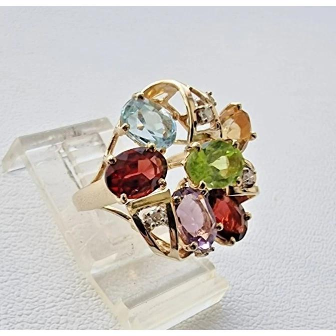 ORO AMARILLO 14K 585 DIAMANTE Y 7x5 mm. ANILLO MULTI PIEDRAS PRECIOSAS TALLA 5.75, 4.9 AT Foto 4 de 4