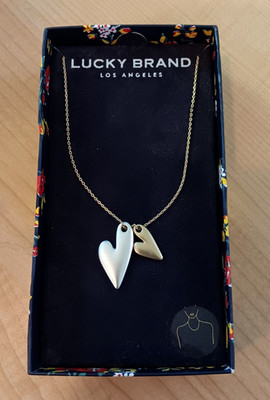 LUCKY BRAND DOUBLE HEART CHARM PENDANT 18'' NECKLACE SILVER & GOLD NWT & BOX