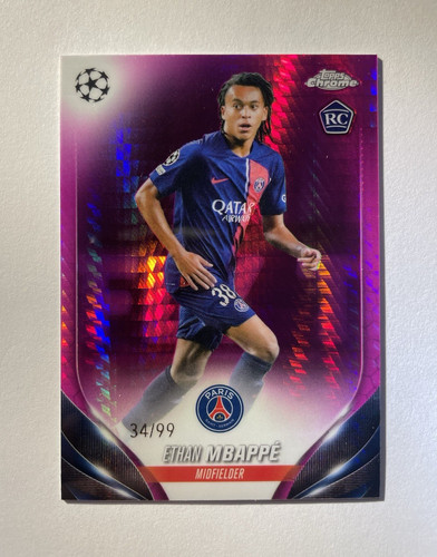 2023-24 Topps Chrome UCL Ethan Mbappe #91 Pink Prizm Refractor RC /99 PSG
