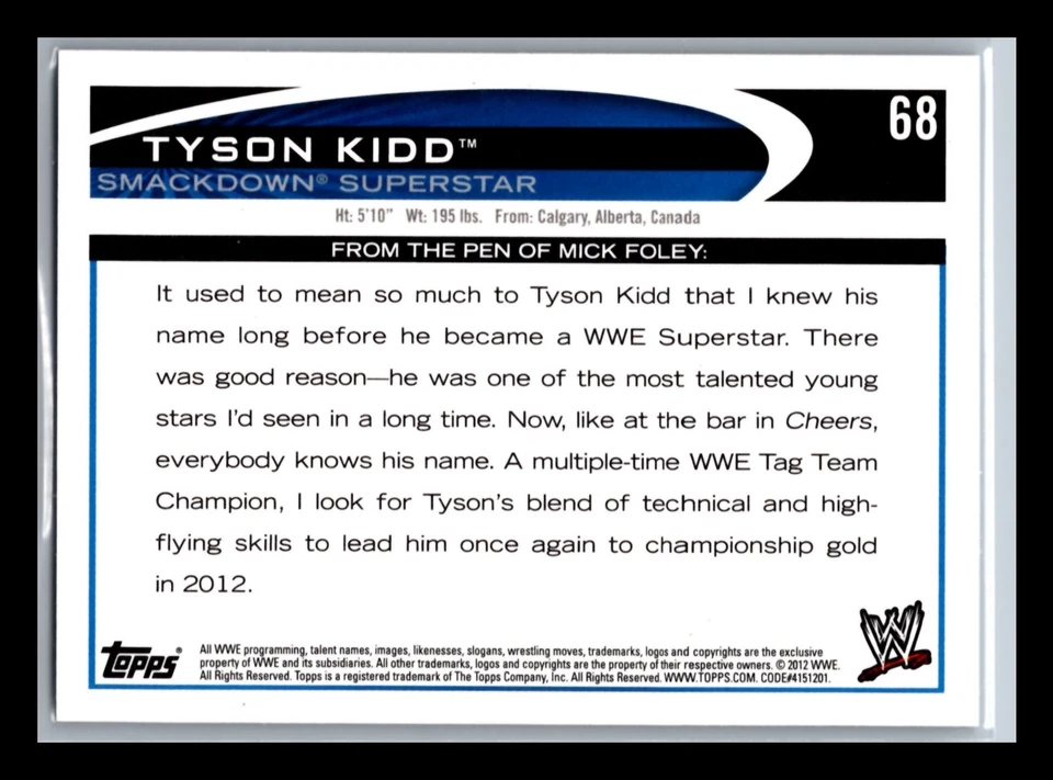 Tyson Kidd - 2012 Topps WWE Blue #68 - Wrestling Card - Image 2 of 2