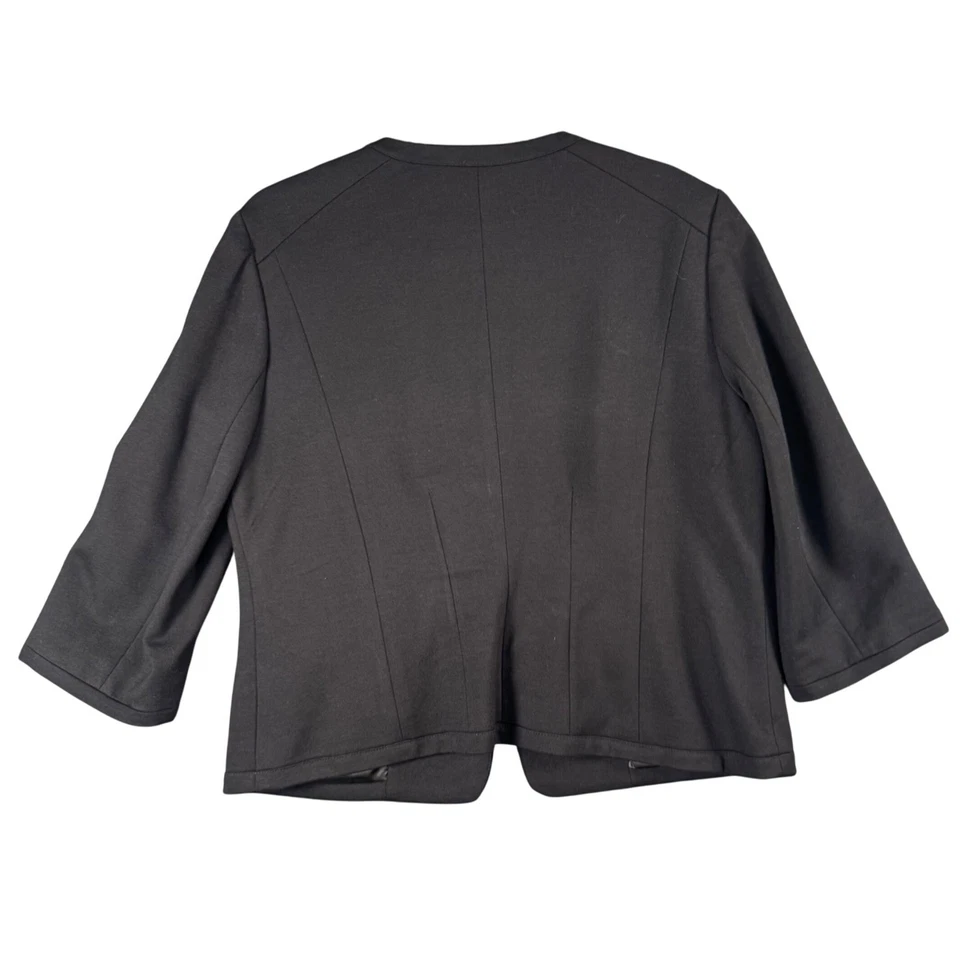 Blazer negro elegante sin cuello para mujer L frente abierto manga 3/4 chaqueta minimalista Foto 3 de 4