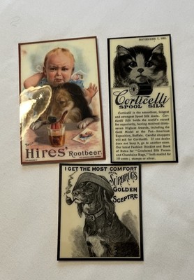 Lot of 3 Antique Advertising  Fridge Magnets  Silk Thread,  Rootbeer  & Tobacco
