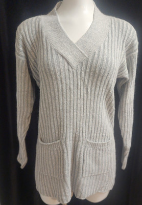 Eminent Silk Angora Wool Rib Knit Sweater Gray Longline Tunic Pockets Women s S