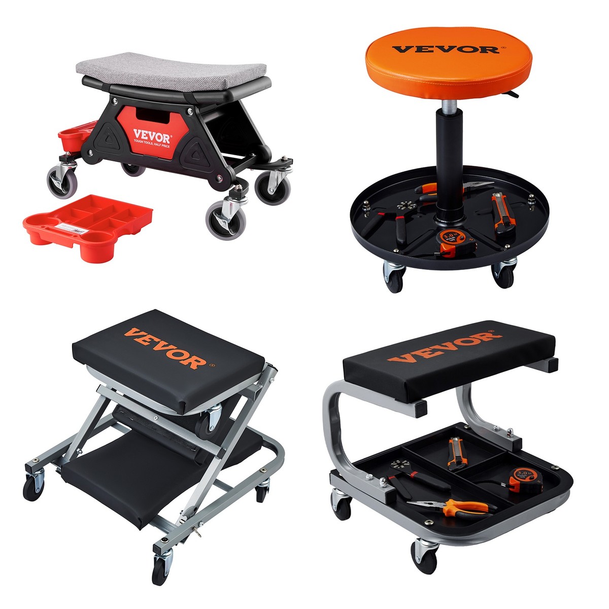 Mechanic Stool Creeper Seat 300/250lb Rolling Shop Stool with Tool