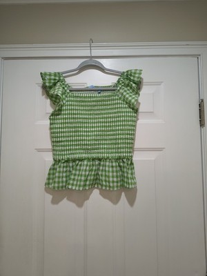 Draper James Smocked RSVP Green & White Gingham Blouse Boho Size Large