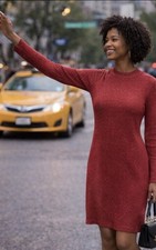 Calvin Klein Red Metallic Knit Sweater Dress Long Sleeve Knee Length Crew Neck 4