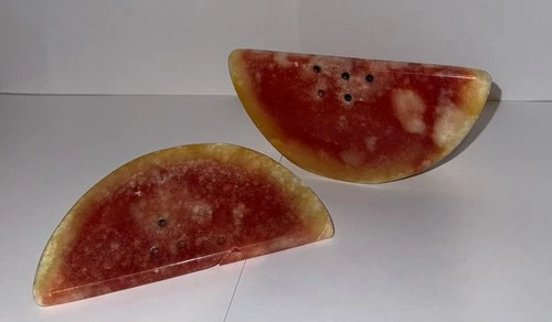 Vintage MCM Italian Alabaster fruit Marble Stone, Watermelon Slices Set Of 2