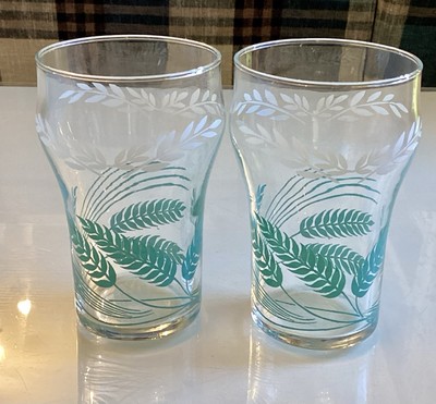Vintage Set 2 französische türkis weiße Farn Weizen verziert Becher halbes Pint Gläser