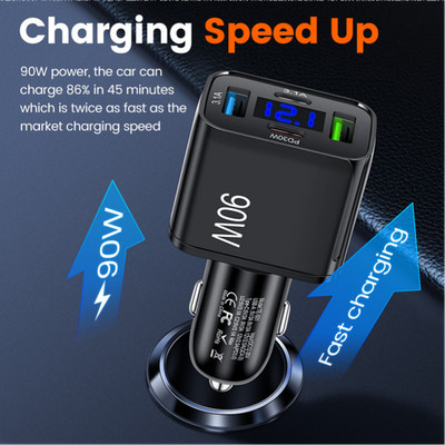 Multi-Device Charging 4-Port Schnellladegerät 90W Auto Adapter LED Spannungsanz
