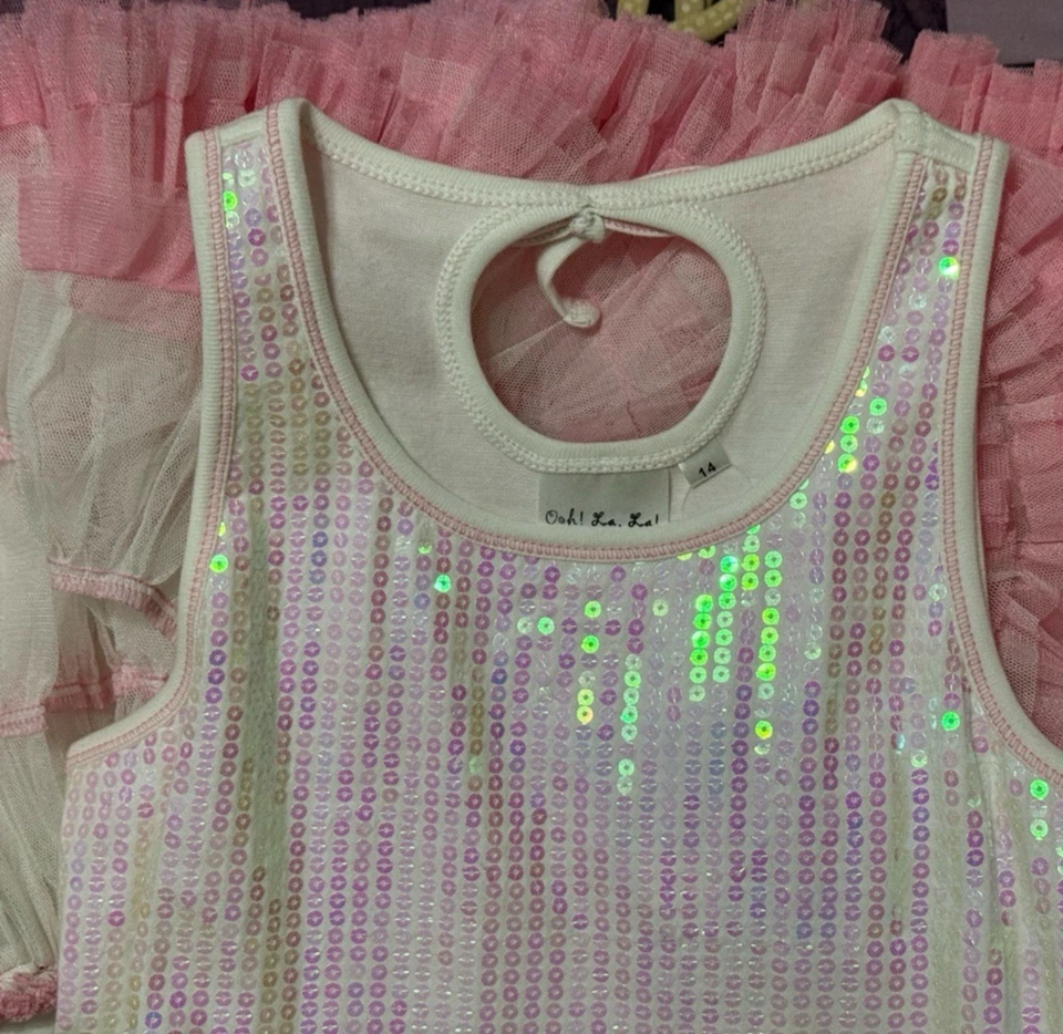 Ooh! La, La! Vestido Couture Rosa Blanco Iridiscente Talla 14 Nuevo Con Etiquetas Foto 2 de 4