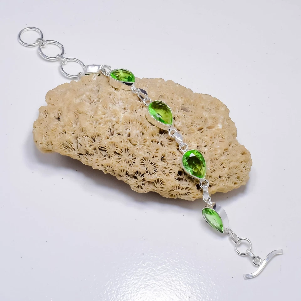 Green Peridot Gemstone Handmade 925 Sterling Silver Jewelry Chain Bracelet - Image 2 of 4