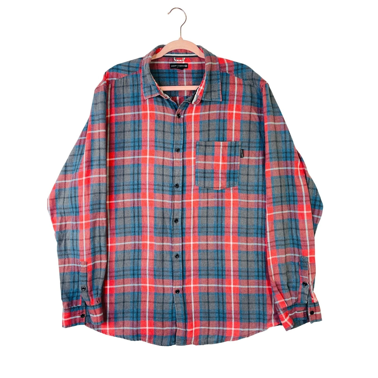 Ocean Current Mens XXL Plaid Flannel Button Down Shirt Red Blue Grey Long Sleeve