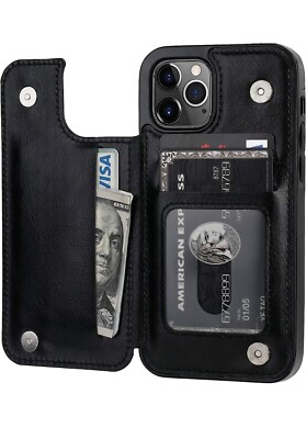ONETOP  iPhone 12 Pro Wallet Case Card Holder PU Leather Durable Shockproof Blk