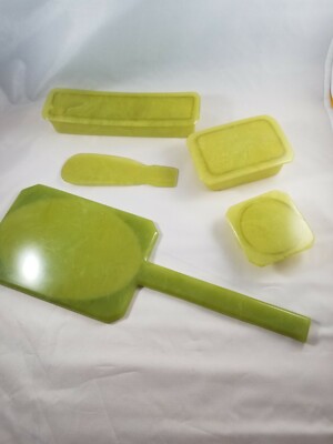 Vintage 5 Piece Green Marbled Vanity Set Mirror Soapbox Jewelry Box 