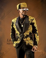 Stylish Tuxedo Metallic Gold Embroidered Jewelry Men Suits Wedding Party