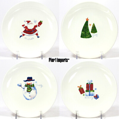 Pier 1 Imports CHRISTMAS ICONS 6'' Appetizer Plate Set 4Pc Santa Gifts Snowman