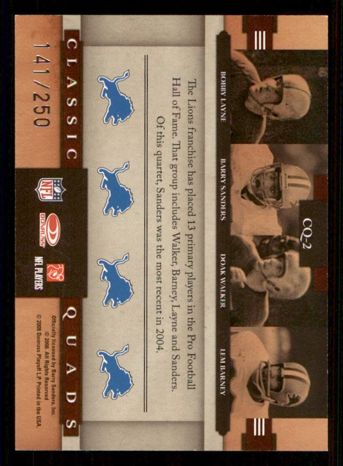 2008 Donruss Classics Quads Silver #2 Bobby Layne/Barry Sanders/Doak Walker /250 - Image 2 of 2