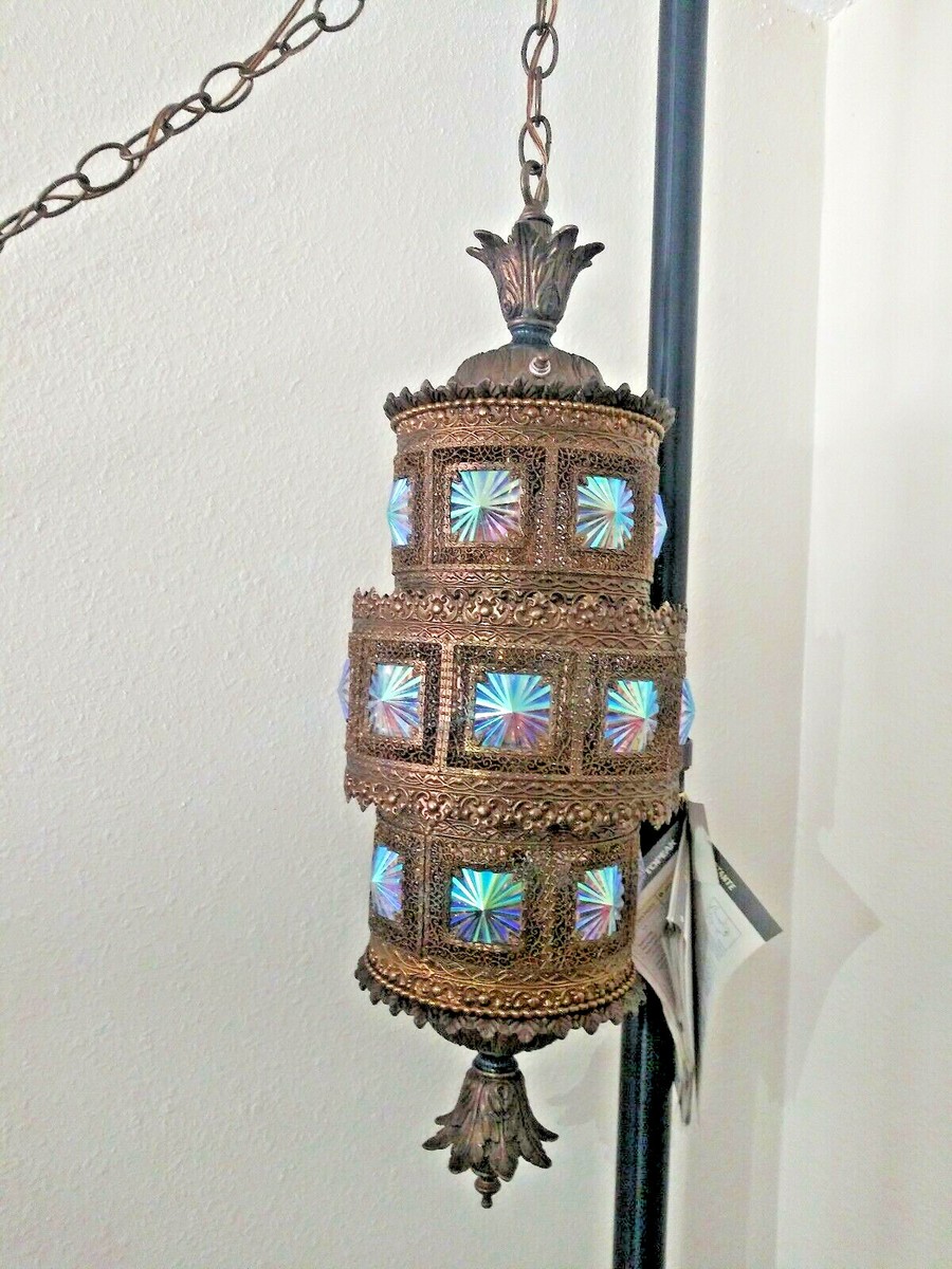 Hollywood Regency Hanging Lamp with Iridescent Glass vintage