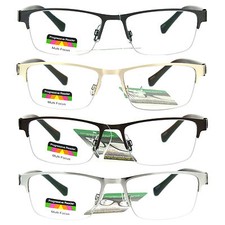 Mens Half Metal Rim Rectangular Multi 3 Power Focus Progressive Reading Glasses