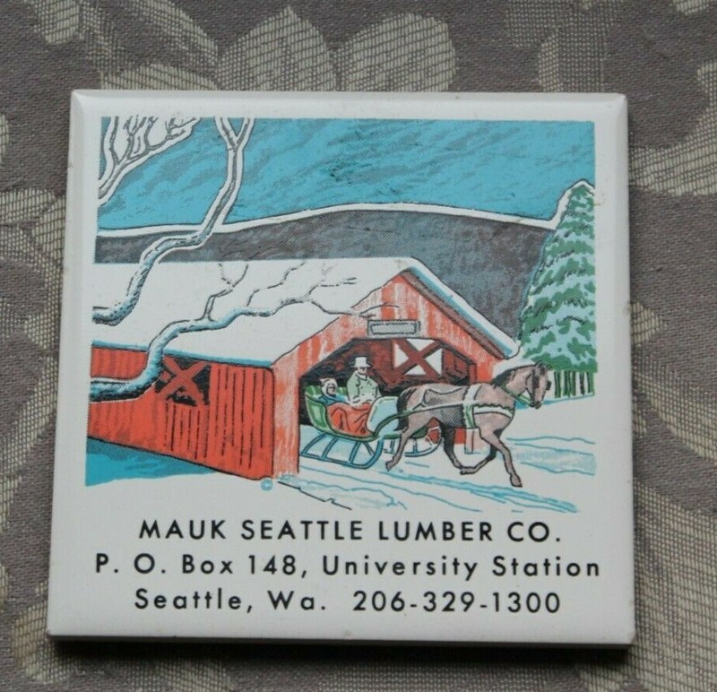 vtg Mauk Lumber Advertising Trivet covered bridge horse wagon NOS Seattle WASH