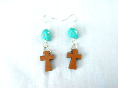 BROWN WOODEN CROSS CUT OUT and TURQUOISE BLUE NUGGET TWO PART DANGLE EARRINGS