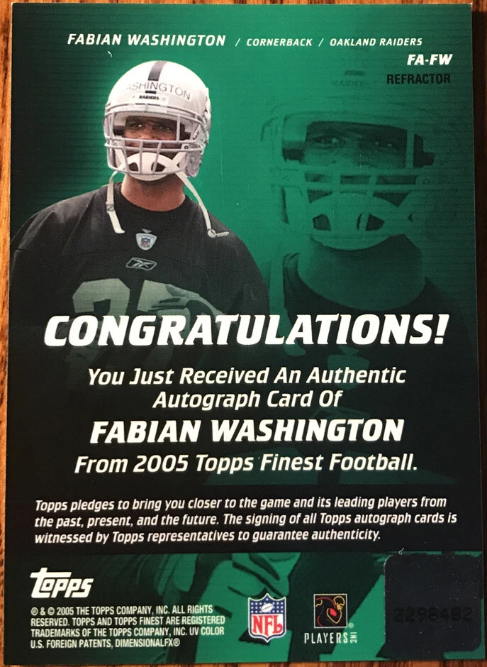 2005 Topps Finest Autographs Refractor Fabian Washington FA-FW Oakland Raiders - Image 2 of 2