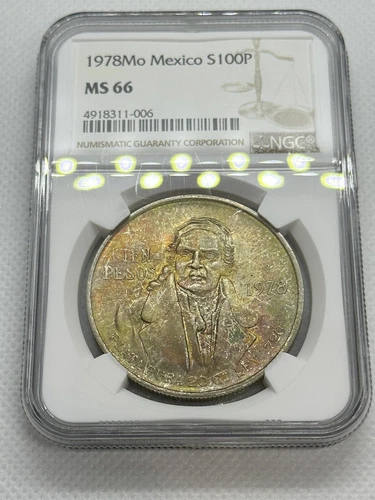 1978-Mo Mexico 100 Pesos NGC MS66 Silver. Green, Yellow, Orange Toning!