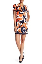 Trina Turk Women's V-Neck Short Sleeve Fringe Trim Paisley Mini Dress Coral Sz 4