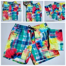  198 POLO RALPH LAUREN MENS TIE-DYE PATCHWORK SWIM TRUNK w/ STORAGE POUCH: NWOT