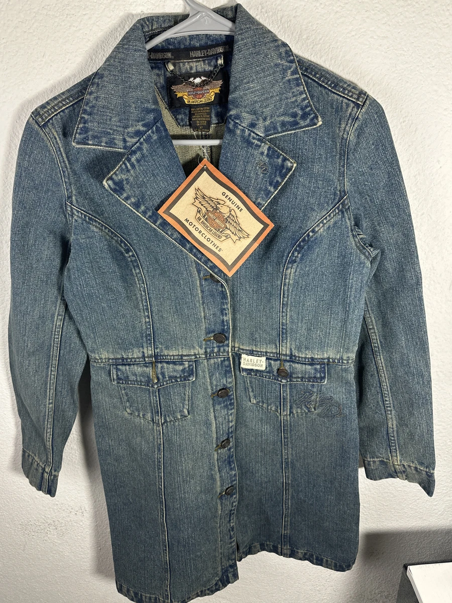 Harley Davidson Authentic Denim Trench Coat Embroidered Logos Size XS