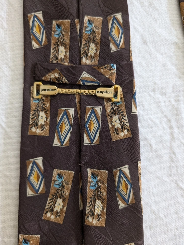 Corbata Papillon 100% Seda Geométrica Floral Marrón Azul Amarillo Hecha a Mano Italia Foto 4 de 4