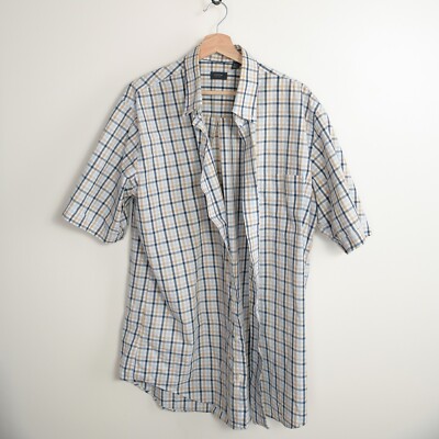 Arrow Men's XL Short Sleeve Button Up Blue/Beige Collard Short Sleeve Shirt