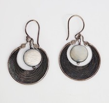 Sterling Silver 925 Textured Circle Earrings w Mother of Pearl Charm Center