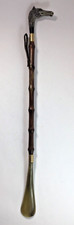 Vintage Shoe Horn Wooden Bambo Handle Brass Horse Head w/Leather Grip 21 3/4"