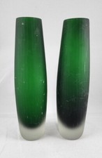 Mid Century Modern Scandinavian Narrow Textured Green Frosted Glass Vases x2