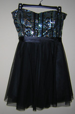 TeezeMe size 9 Short Formal Party Prom Dress-Black/Blue Sequin Tulle Strapless
