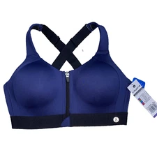 LAYER 8 MAXIMUM SUPPORT SIZE MEDIUM SPORT BRA FITTED BLUE/BLACK Front Zipper-NEW