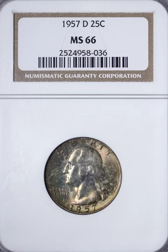 GEM BU 1957-D Washington Quarter NGC MS66 Pretty Toning! WHR