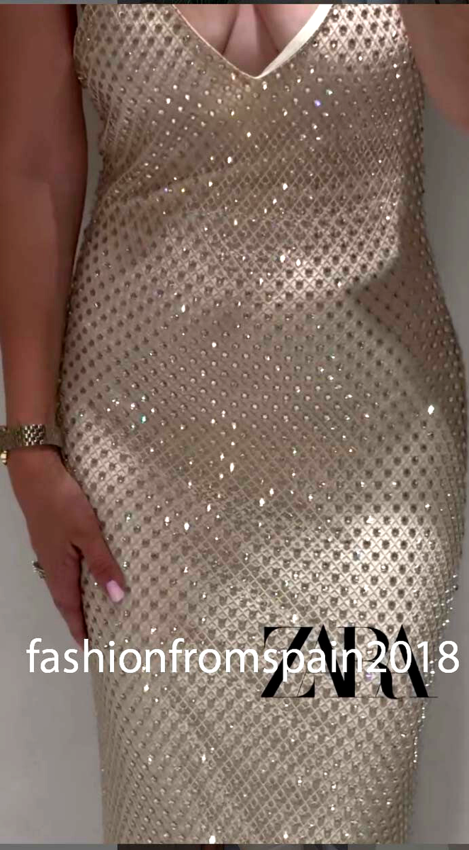 ZARA NEW WOMAN LONG STRAPPY V-NECK RHINESTONE MAXI DRESS GOLDEN 4772/342/303