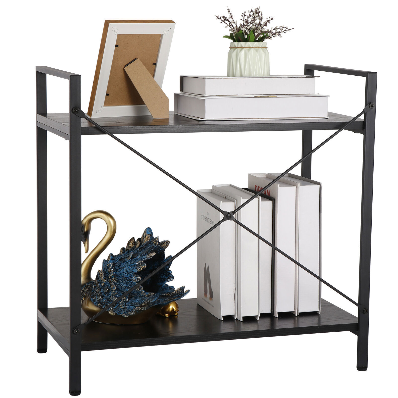 Durable 2-shelf Bookcase Low Height Metal Bookshelf Black Retro Bookrack Home