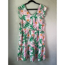 C&C California XL Tiered Dress Palm Leaf Floral Sleeveless White Pink Green